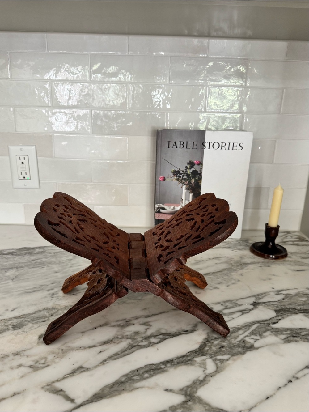 Vintage Hand-Carved Wooden Folding Book Stand / Cookbook Holder